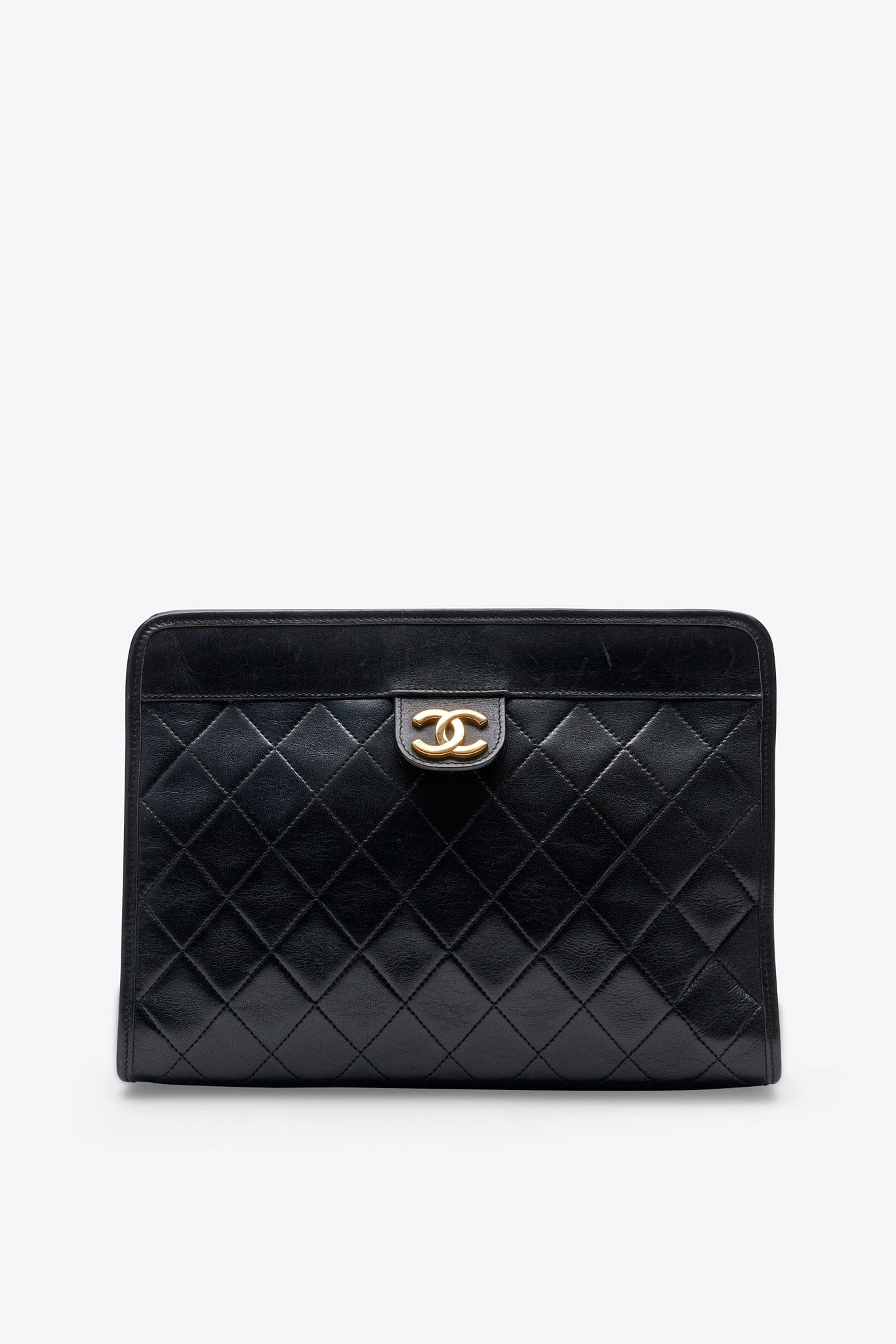 Vintage Chanel Black Leather Clutch Bag With 24k Gold Plated Hardware