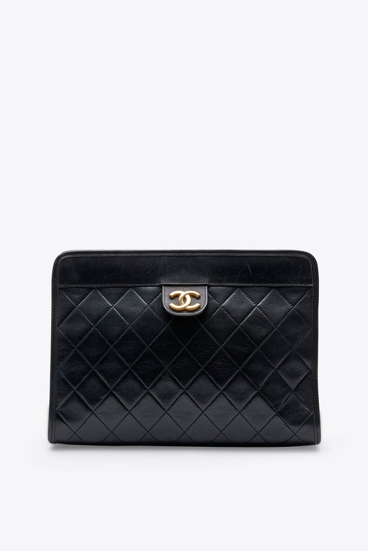 Vintage Chanel Black Leather Clutch Bag With 24k Gold Plated Hardware