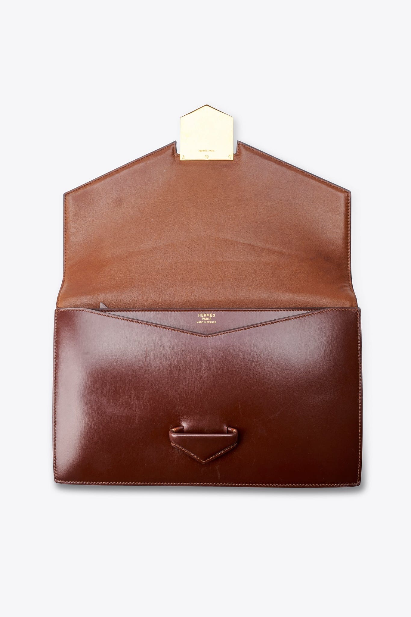 Vintage Hermès Faco Clutch Bag in Brown Box Leather with Gold Hardware