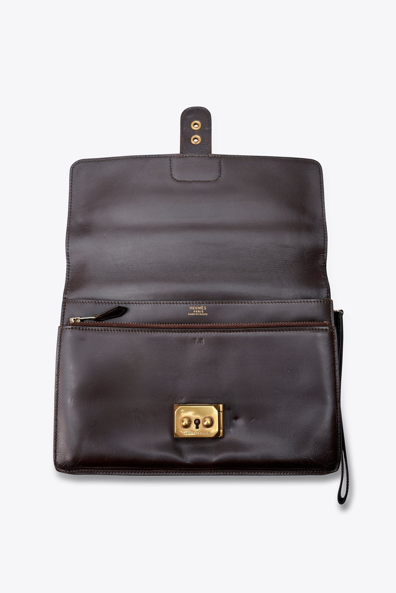 Vintage Hermès Jet Clutch in Dark Brown Box Leather with Gold Hardware