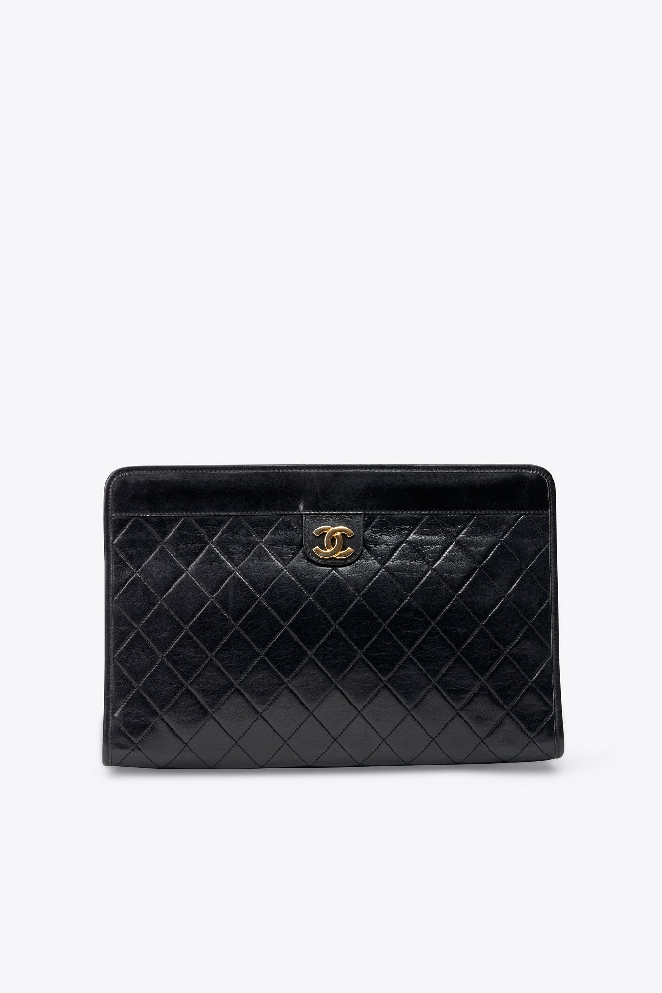 Vintage Chanel Black Leather Clutch Bag With Gold Hardware