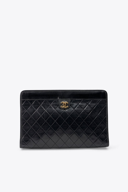 Vintage Chanel Black Leather Clutch Bag With Gold Hardware