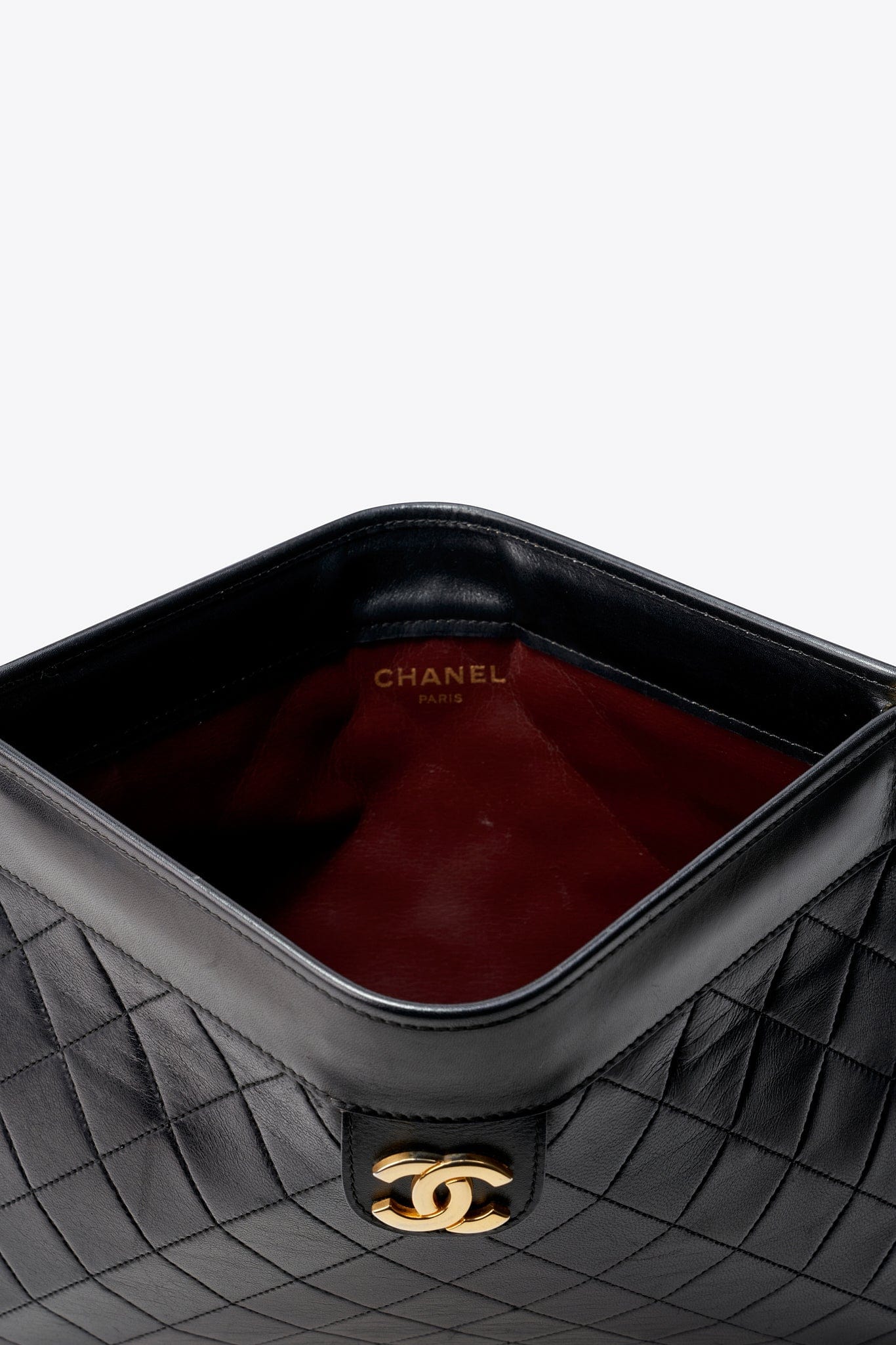 Vintage Chanel Black Leather Clutch Bag With Gold Hardware