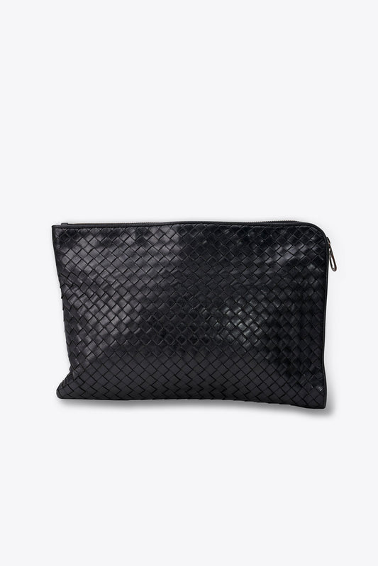 Vintage Bottega Veneta Black Intrecciato Leather Clutch Bag