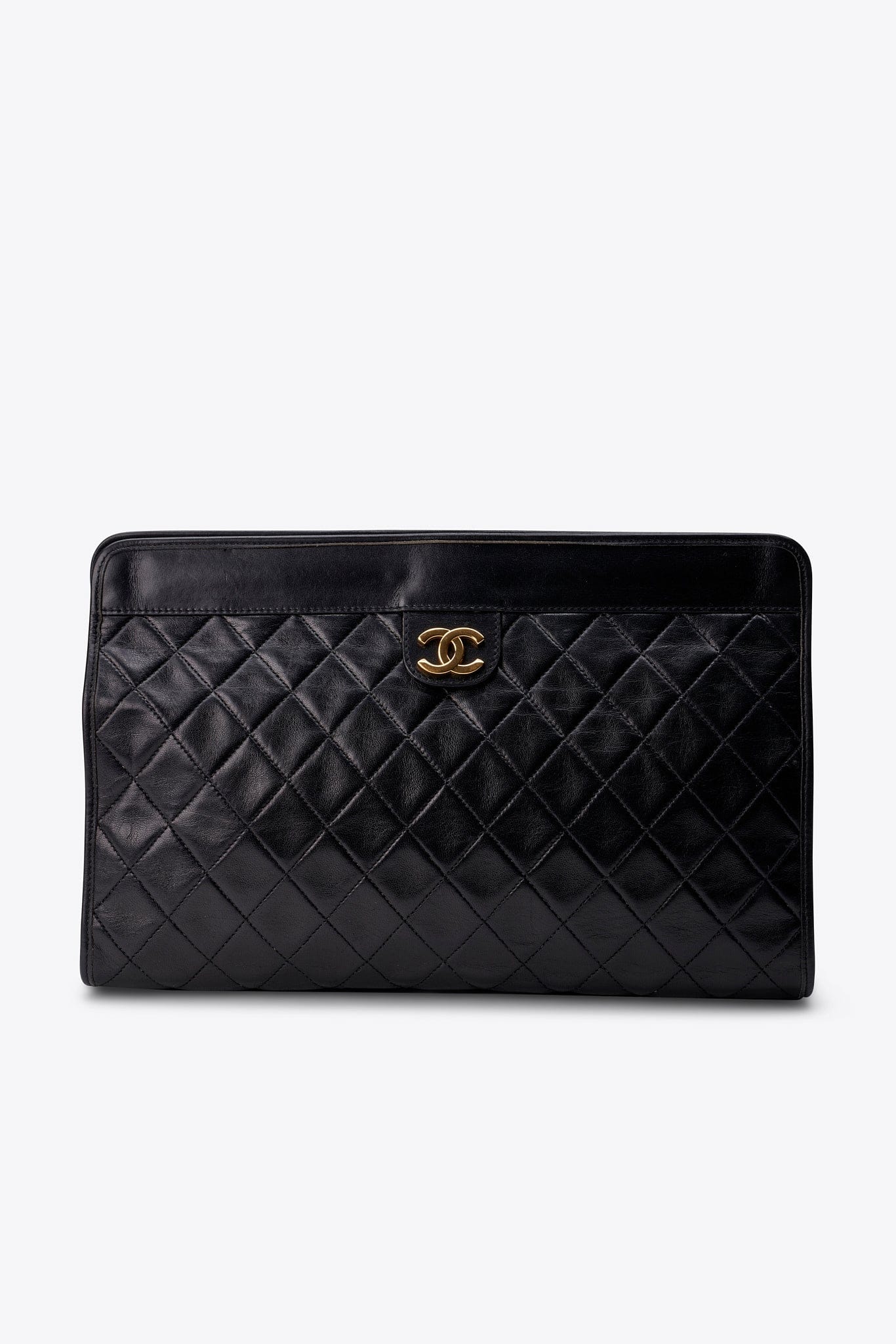 Vintage Chanel Black Leather Clutch Bag With Gold Hardware