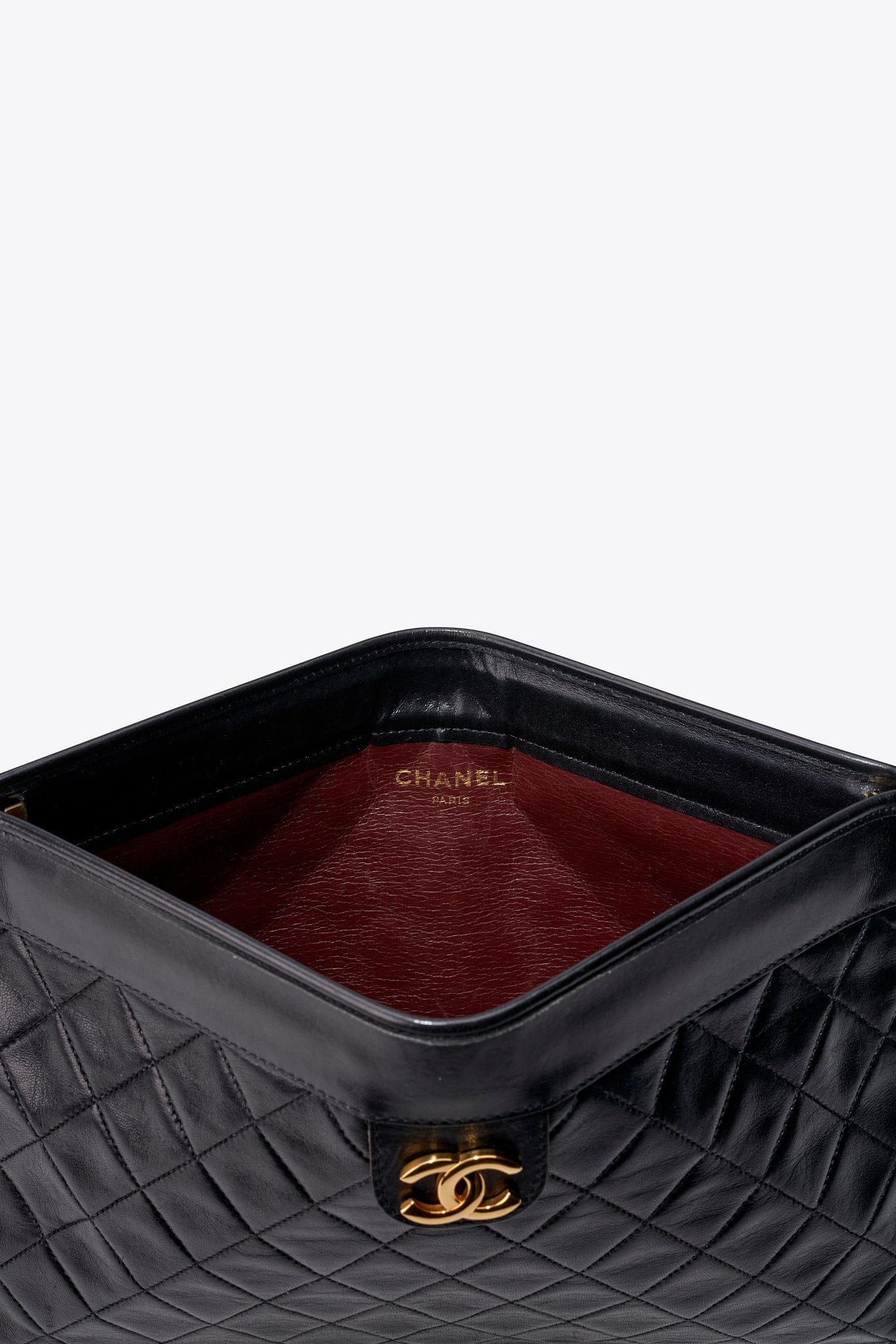 Vintage Chanel Black Leather Clutch Bag With Gold Hardware