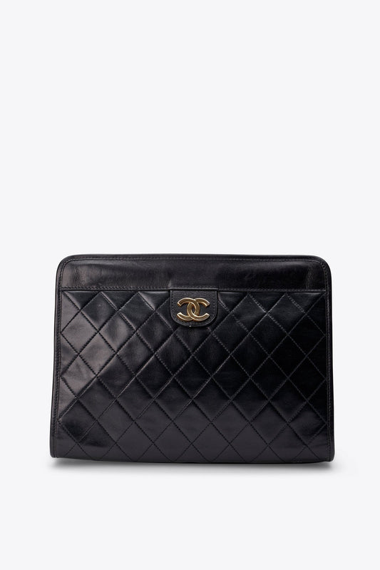 Vintage Chanel Black Leather Clutch Bag Small With Gold Hardware