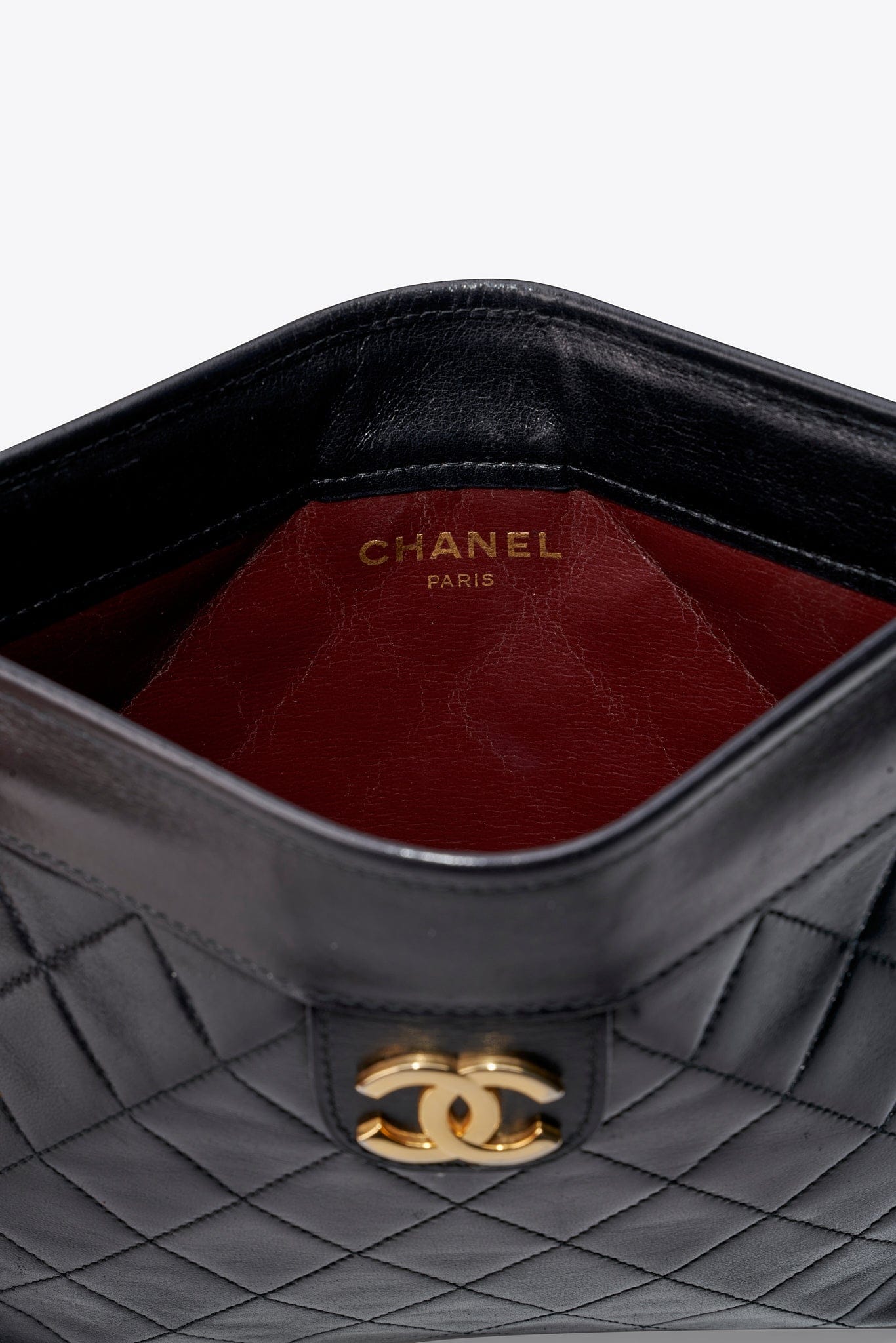 Vintage Chanel Black Leather Clutch Bag Small With Gold Hardware