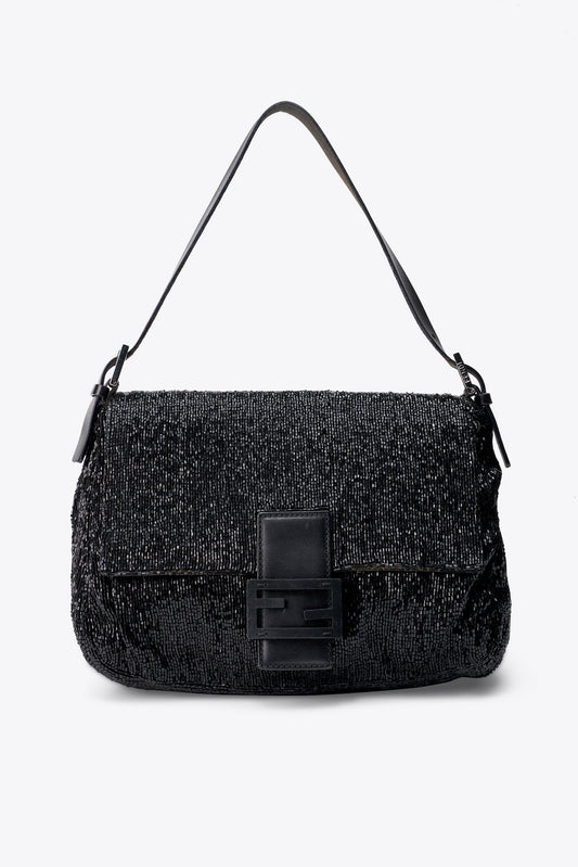 Vintage Fendi Mamma Baguette Black Sequin Shoulder Bag