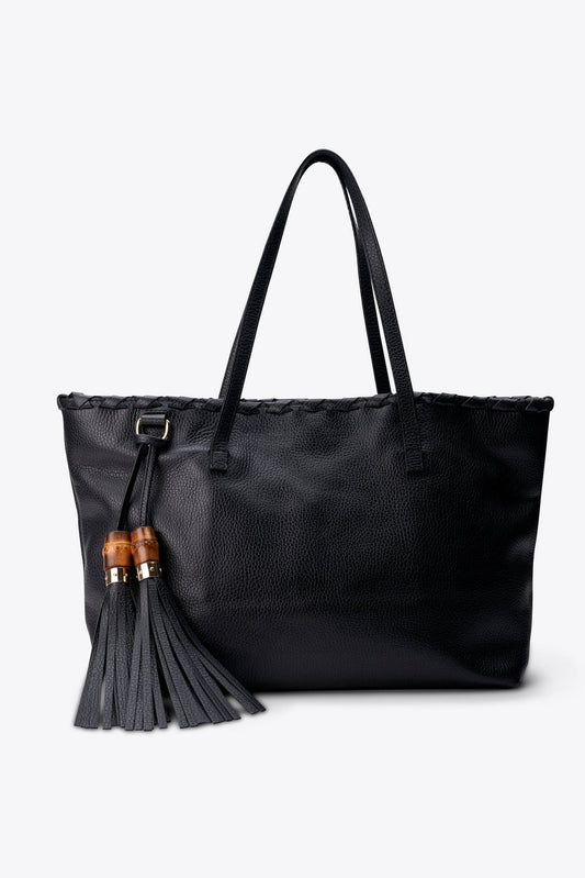 Vintage Gucci Black Leather Tote Bag With Tassel
