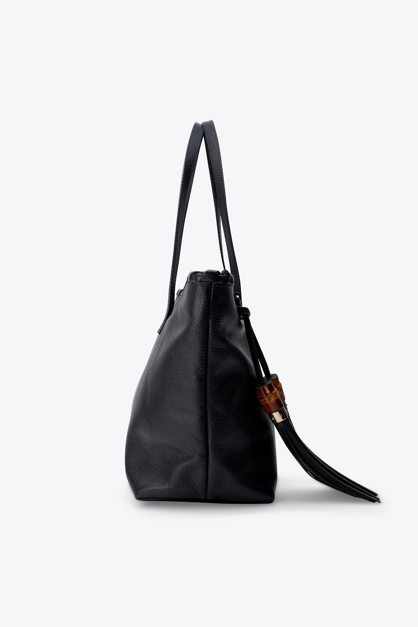 Vintage Gucci Black Leather Tote Bag With Tassel