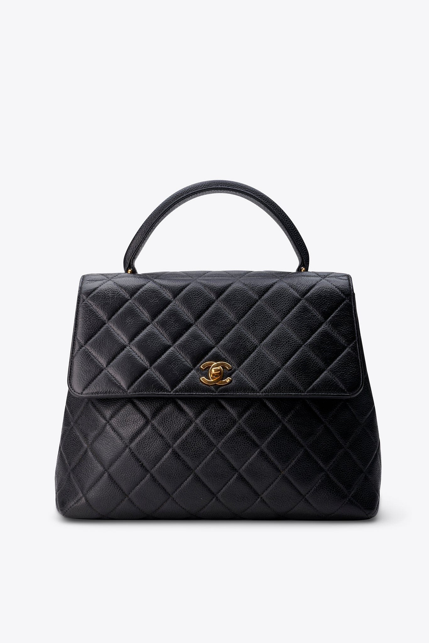 Vintage Chanel Kelly Top Handle Bag in Black Caviar Leather and 24K Gold Plated Hardware