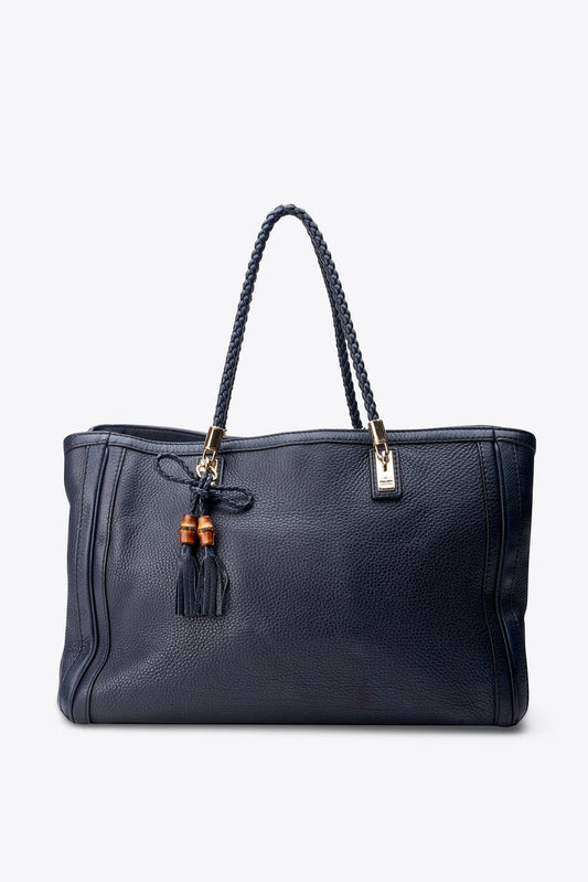 Vintage Gucci Navy Braided Strap Leather Tote Bag With Tassel