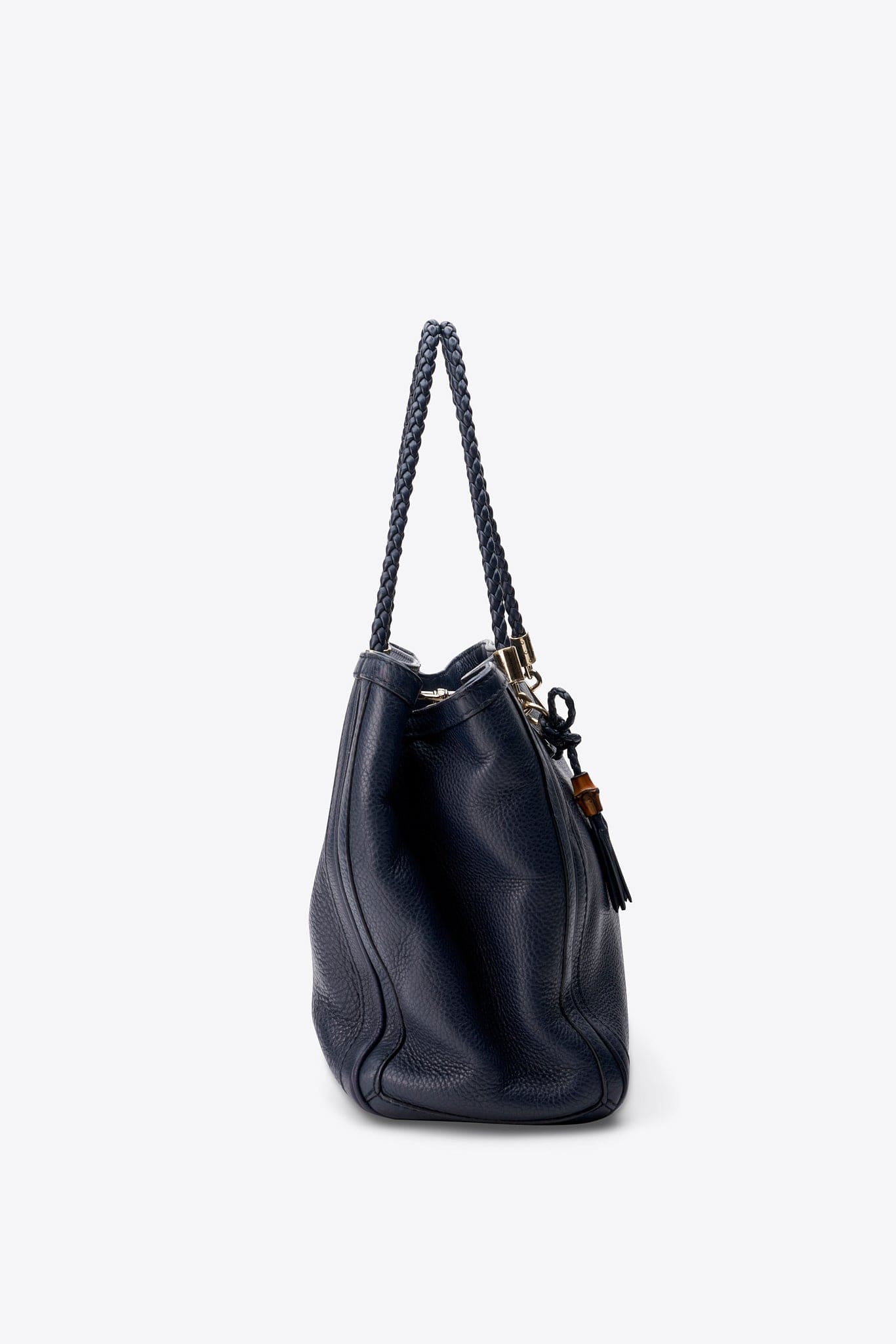 Vintage Gucci Navy Braided Strap Leather Tote Bag With Tassel