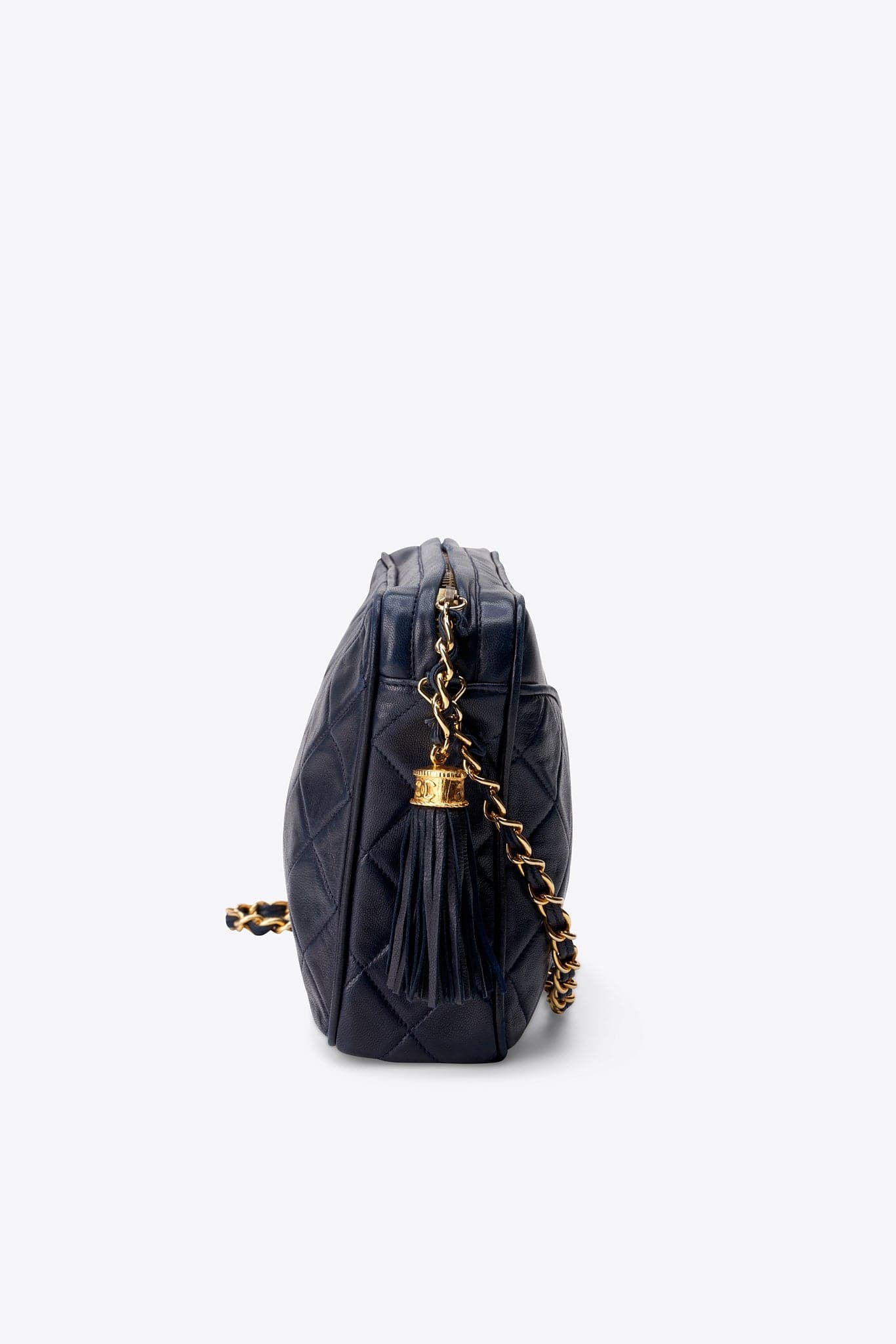 Vintage Chanel Quilted Navy Leather Camera Bag with Tassel