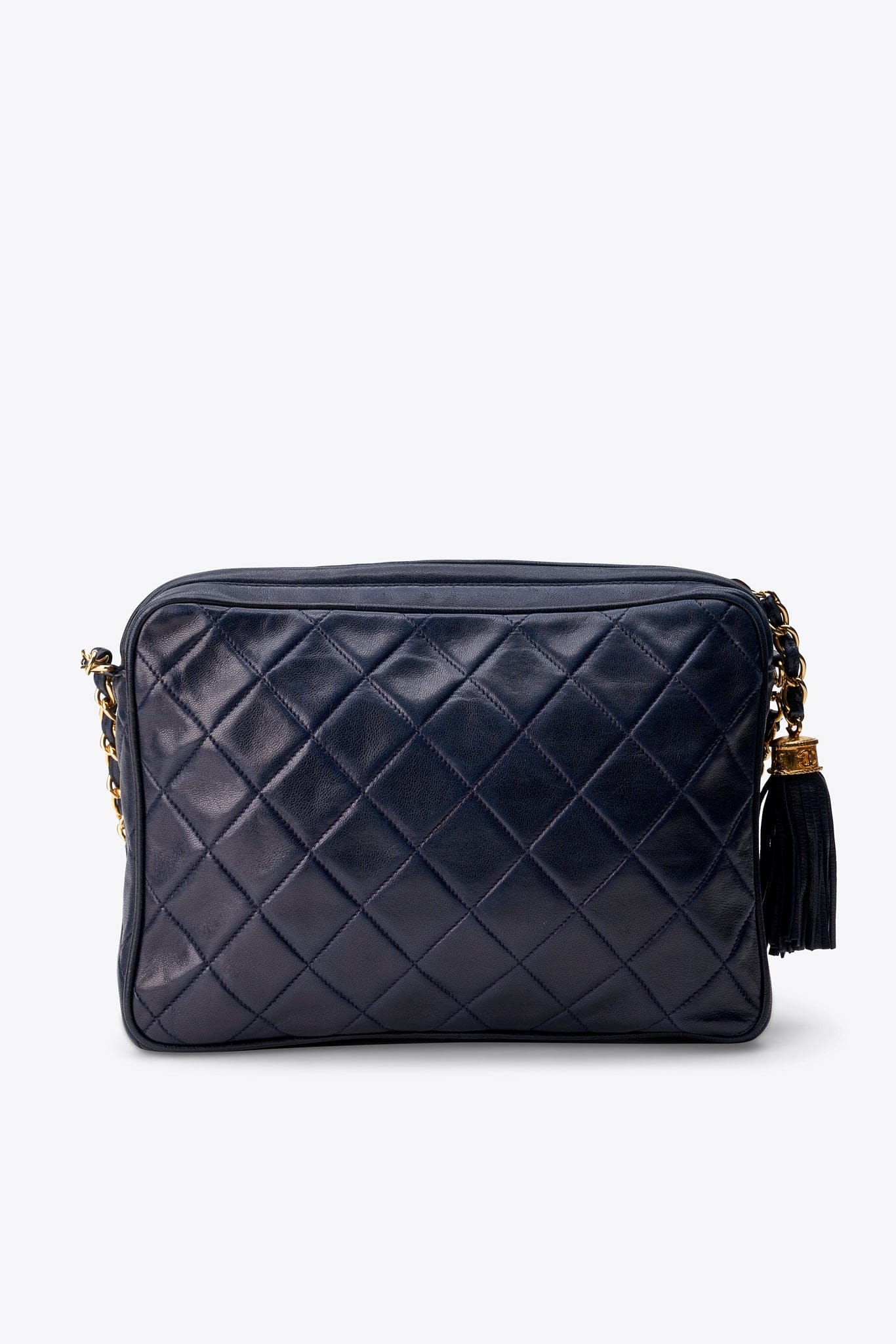 Vintage Chanel Quilted Navy Leather Camera Bag with Tassel
