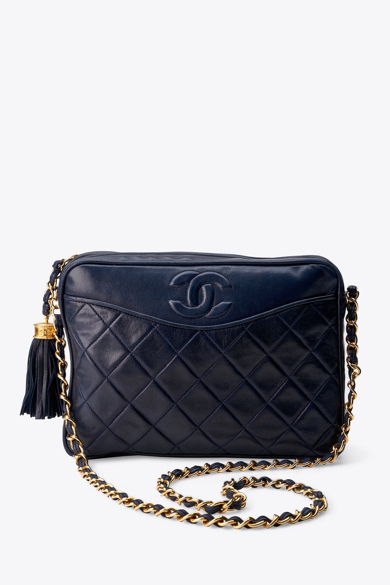 Vintage Chanel Quilted Navy Leather Camera Bag with Tassel