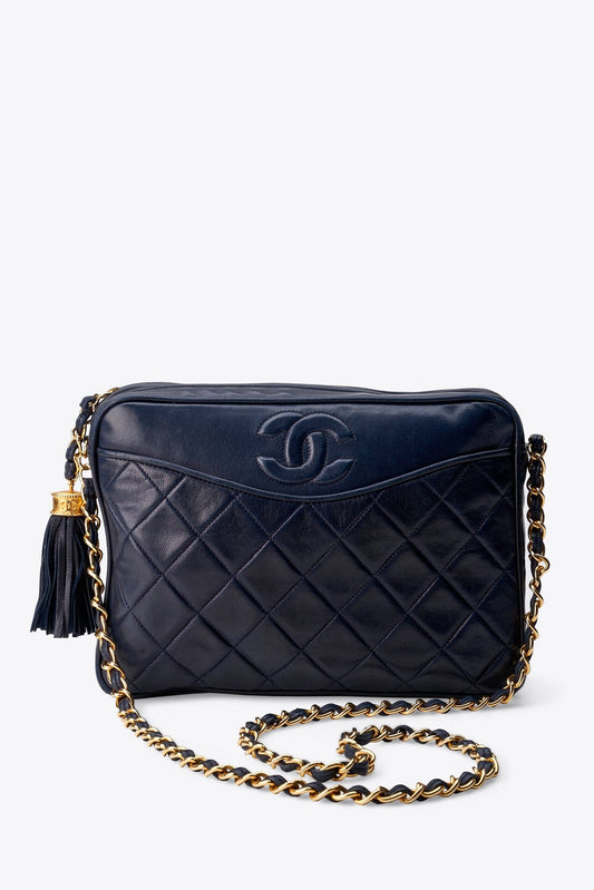 Vintage Chanel Quilted Navy Leather Camera Bag with Tassel
