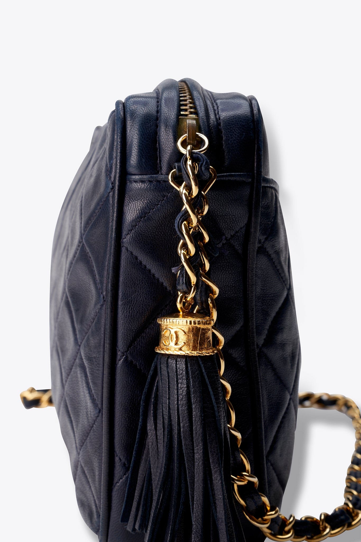 Vintage Chanel Quilted Navy Leather Camera Bag with Tassel