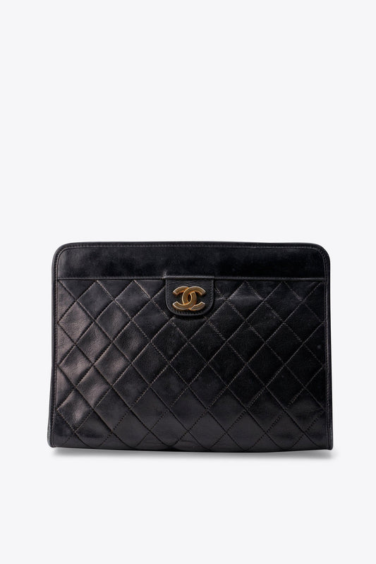 Vintage Chanel Black Leather Clutch Bag With Gold Hardware