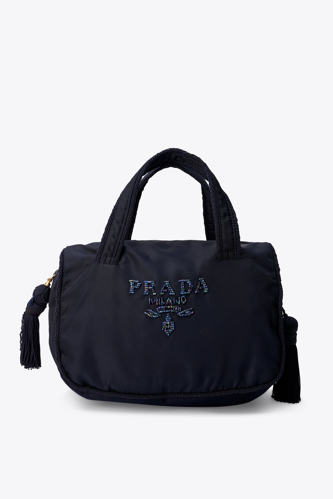 Vintage Prada Embellished Nylon Tassel Top Handle Bag