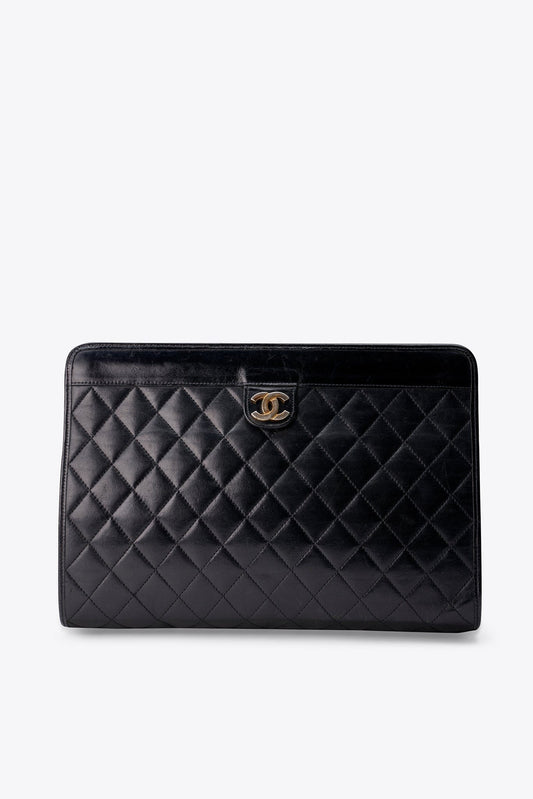Vintage Chanel Black Leather Clutch Bag With Gold Hardware