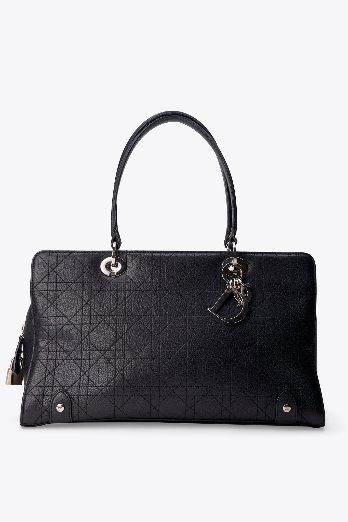 Vintage Christian Dior Black Cannage Leather East West Lady Dior Handbag