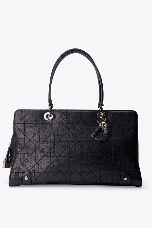 Vintage Christian Dior Black Cannage Leather East West Lady Dior Handbag