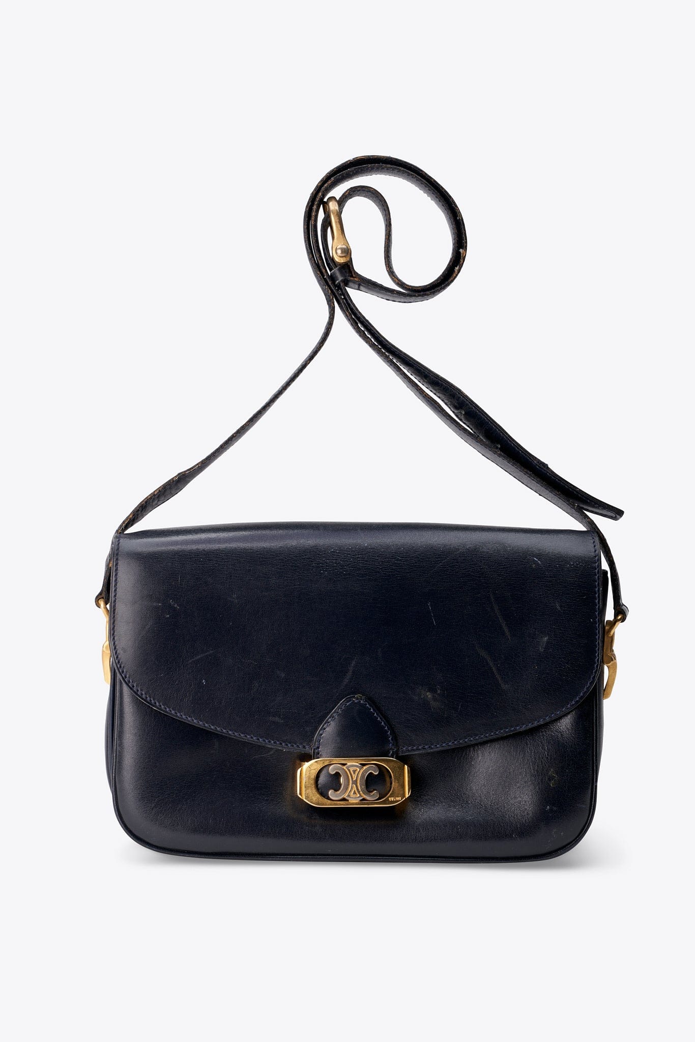 Celine Navy Leather Box Shoulder Bag with Gold Tone Hardware