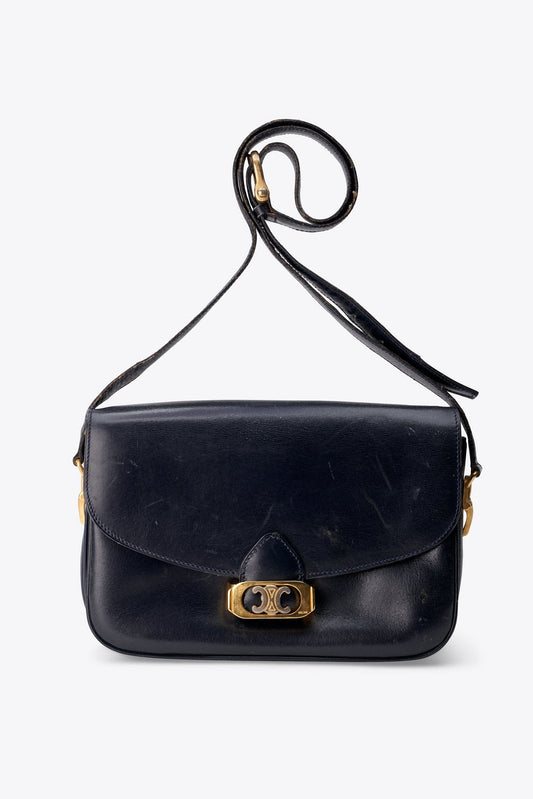 Celine Navy Leather Box Shoulder Bag with Gold Tone Hardware