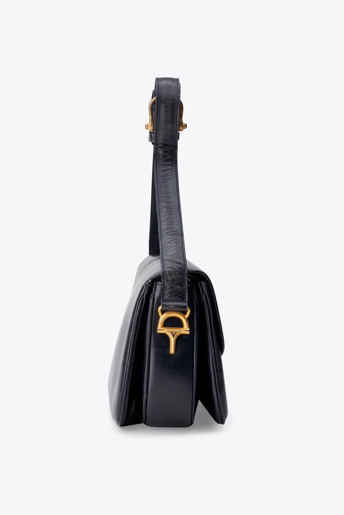 Celine Navy Leather Box Shoulder Bag with Gold Tone Hardware