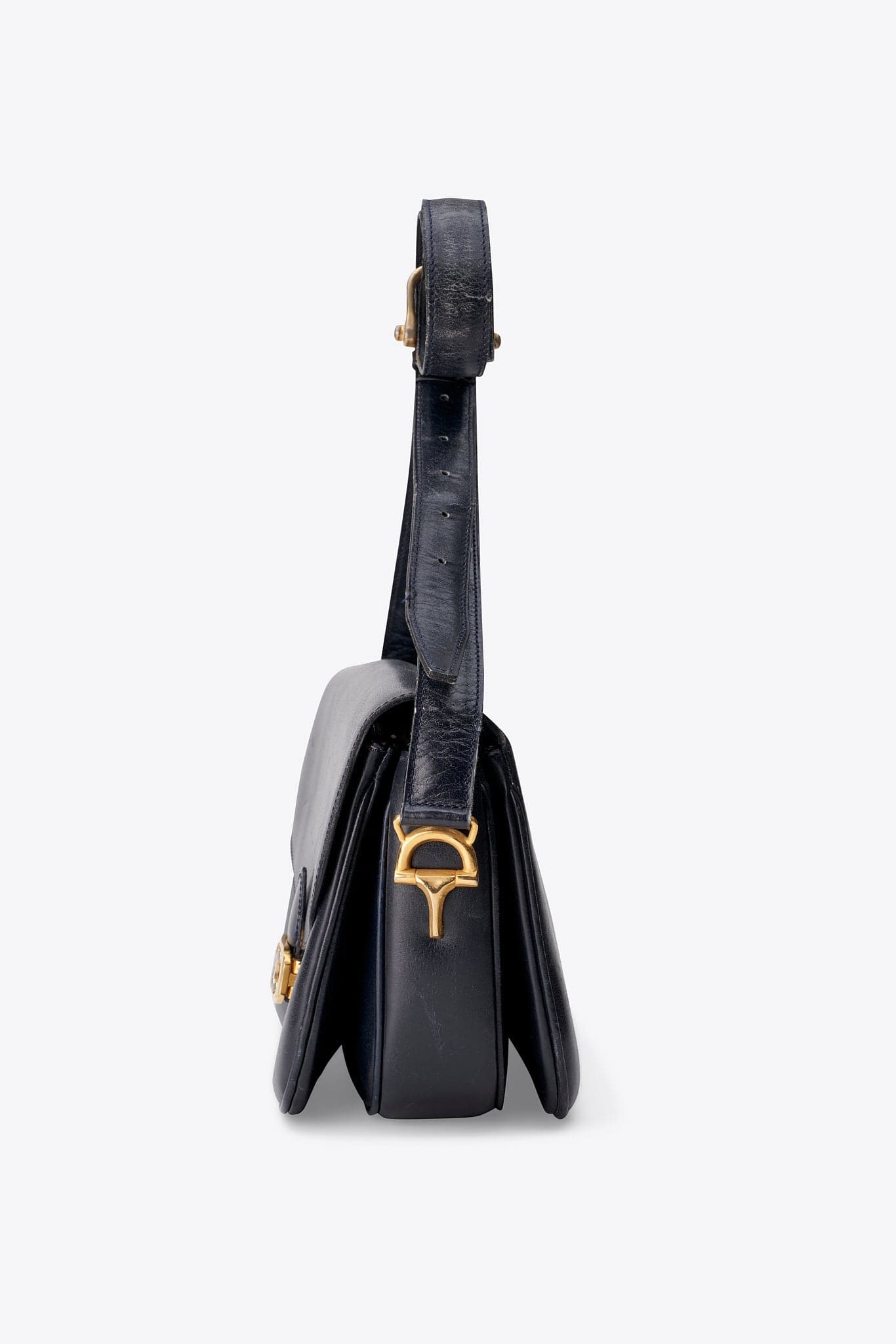 Celine Navy Leather Box Shoulder Bag with Gold Tone Hardware