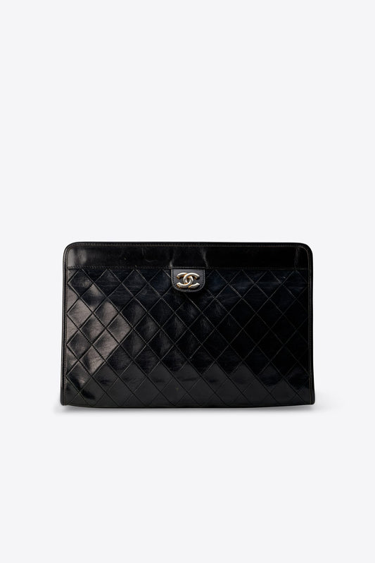 Vintage Chanel Black Leather Clutch Bag With Gold Hardware