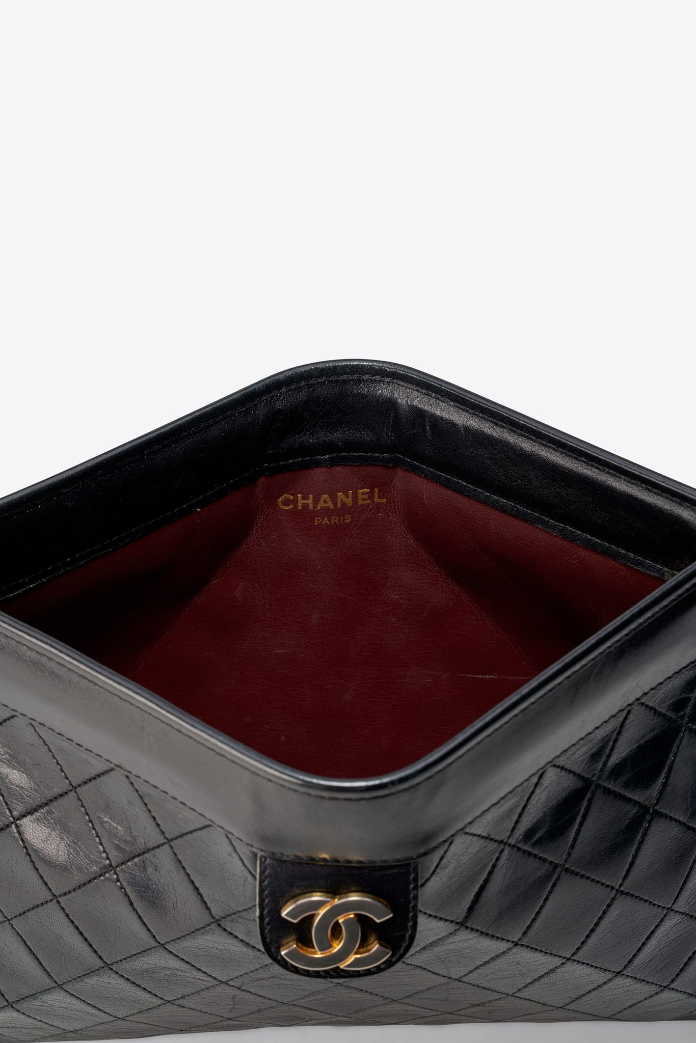 Vintage Chanel Black Leather Clutch Bag With Gold Hardware