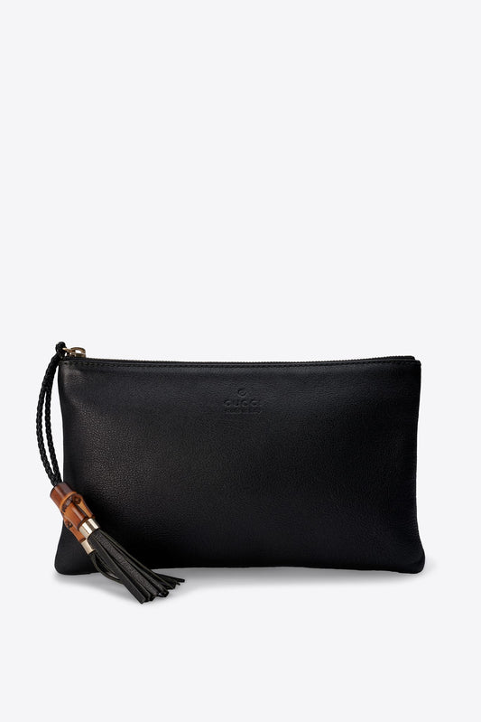 Vintage Gucci Black Leather Bamboo Tassel Pouch