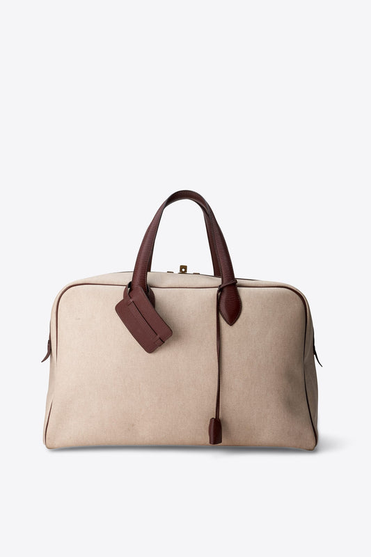 Hermès Victoria 45 Toile and Taurillon Clémence Travel Bag in Ecru / Havane