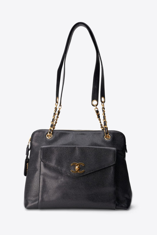 Vintage Chanel Black Caviar Leather CC Tote Bag with 24k Gold Plated Hardware