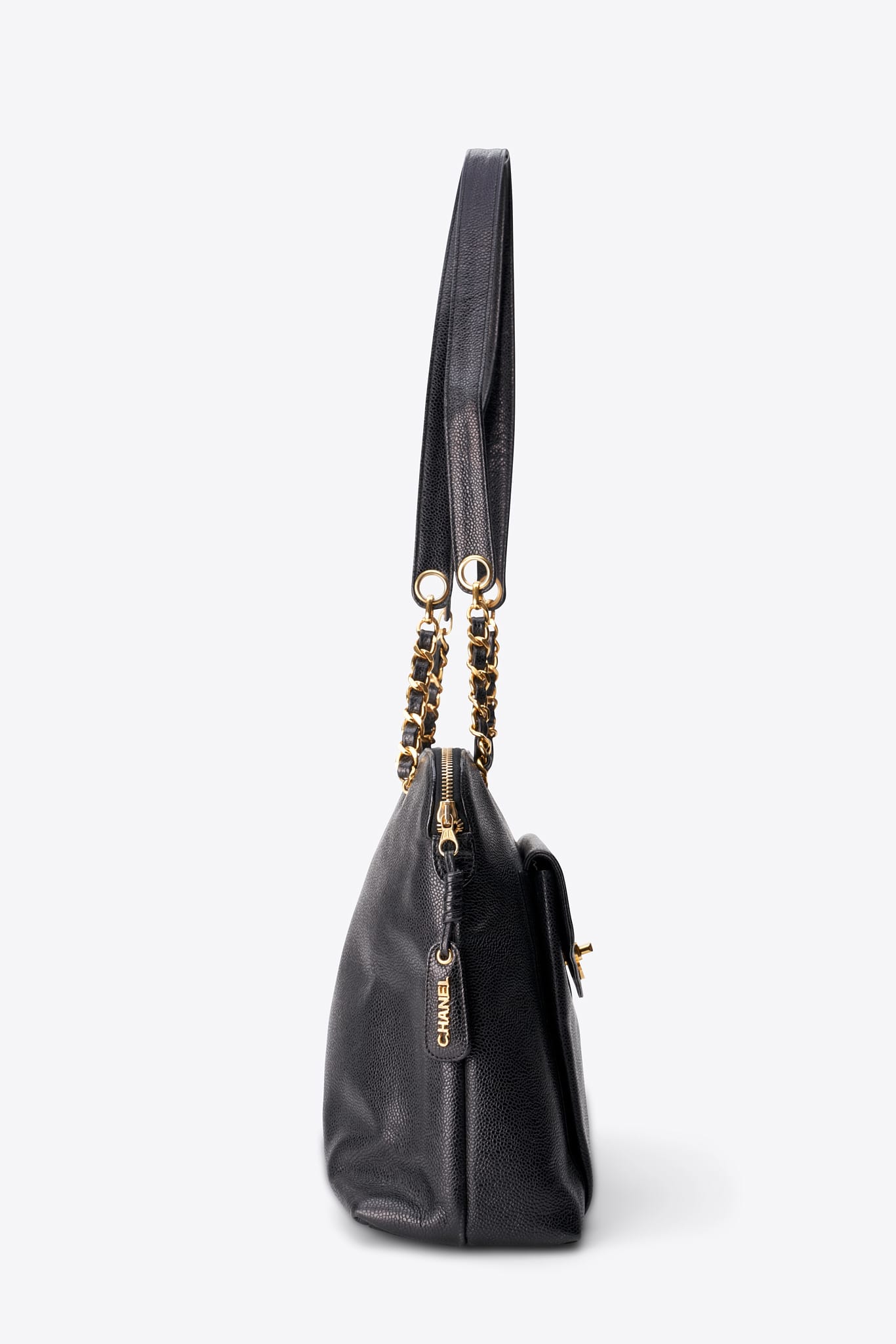 Vintage Chanel Black Caviar Leather CC Tote Bag with 24k Gold