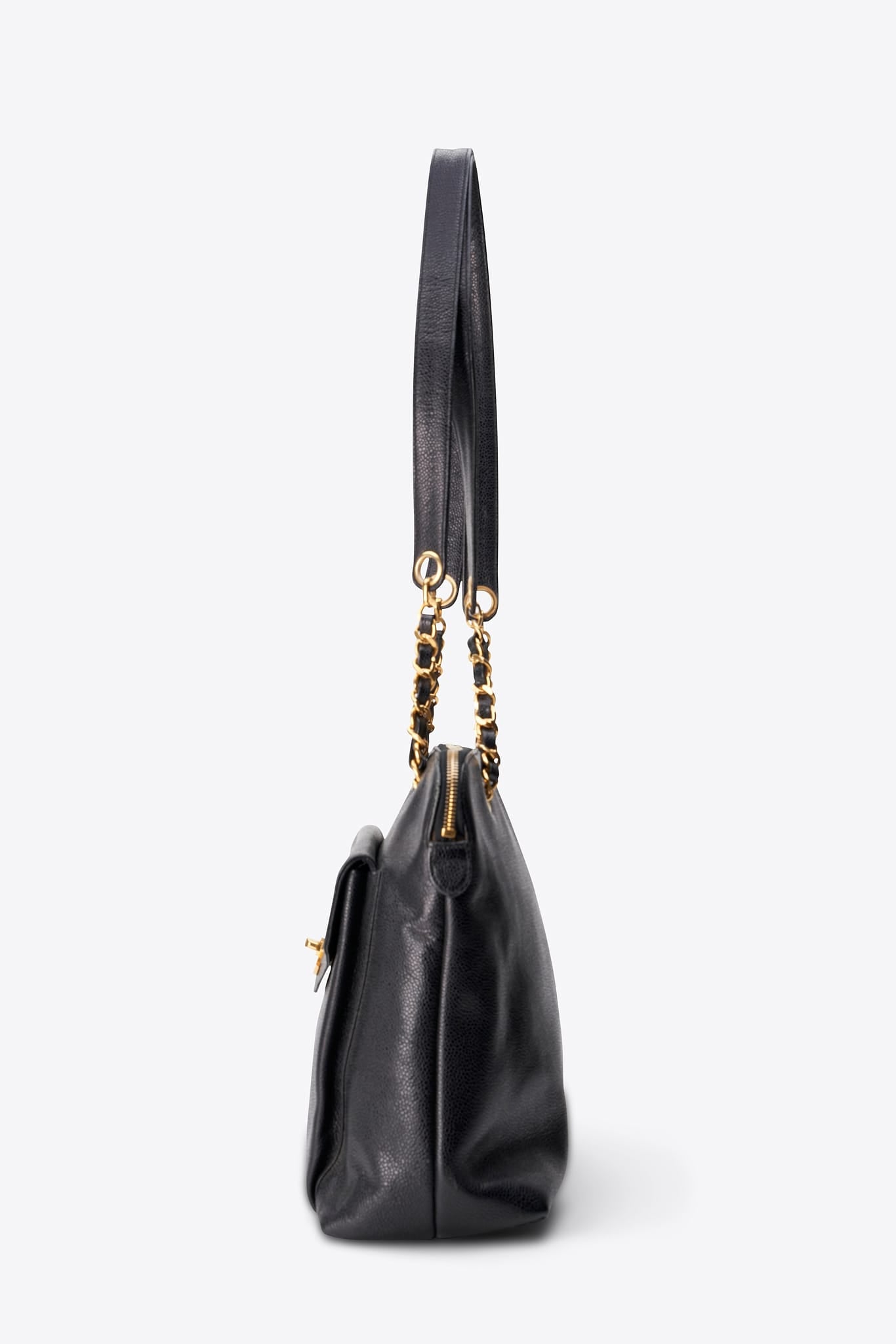 Vintage Chanel Black Caviar Leather CC Tote Bag with 24k Gold