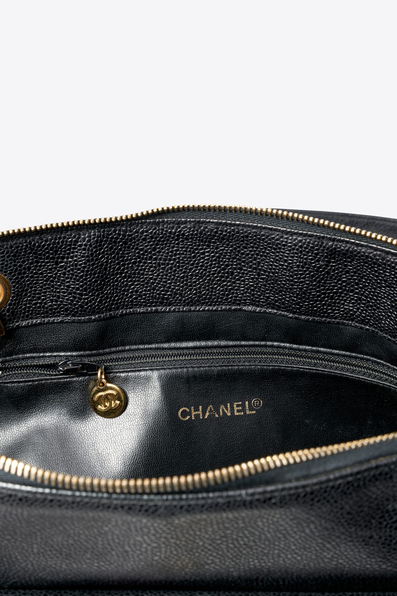 Vintage Chanel Black Caviar Leather CC Tote Bag with 24k Gold