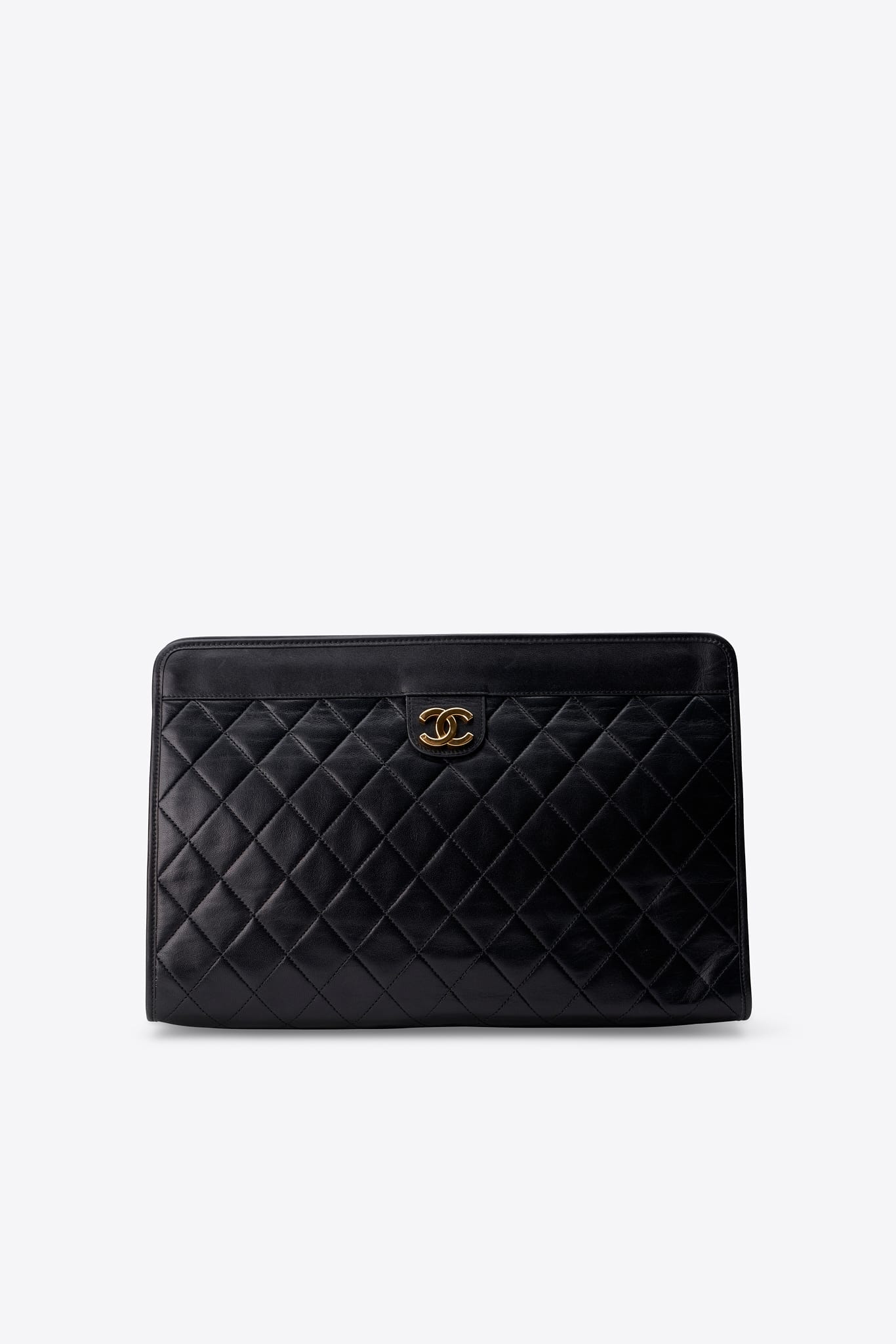 Vintage Chanel Black Leather Clutch Bag With 24k Gold Plated Hardware