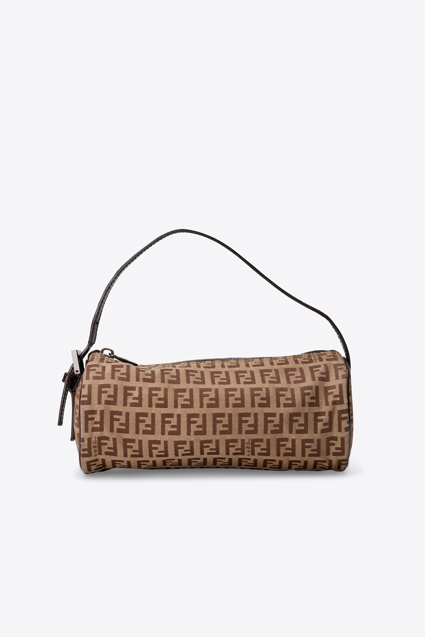 Vintage Fendi Zucchino Mini Barrel Pochette Bag Brown Canvas With Black Leather Strap