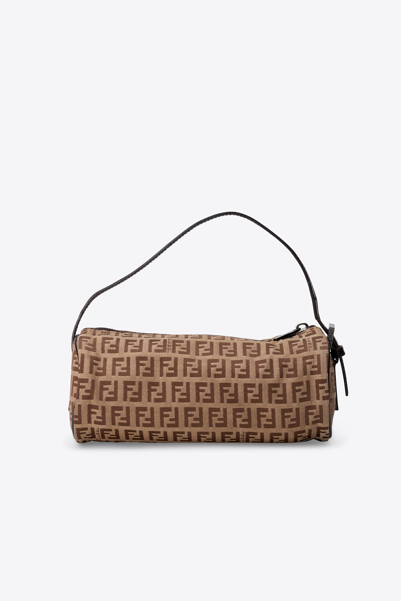Vintage Fendi Zucchino Mini Barrel Pochette Bag Brown Canvas With Black Leather Strap
