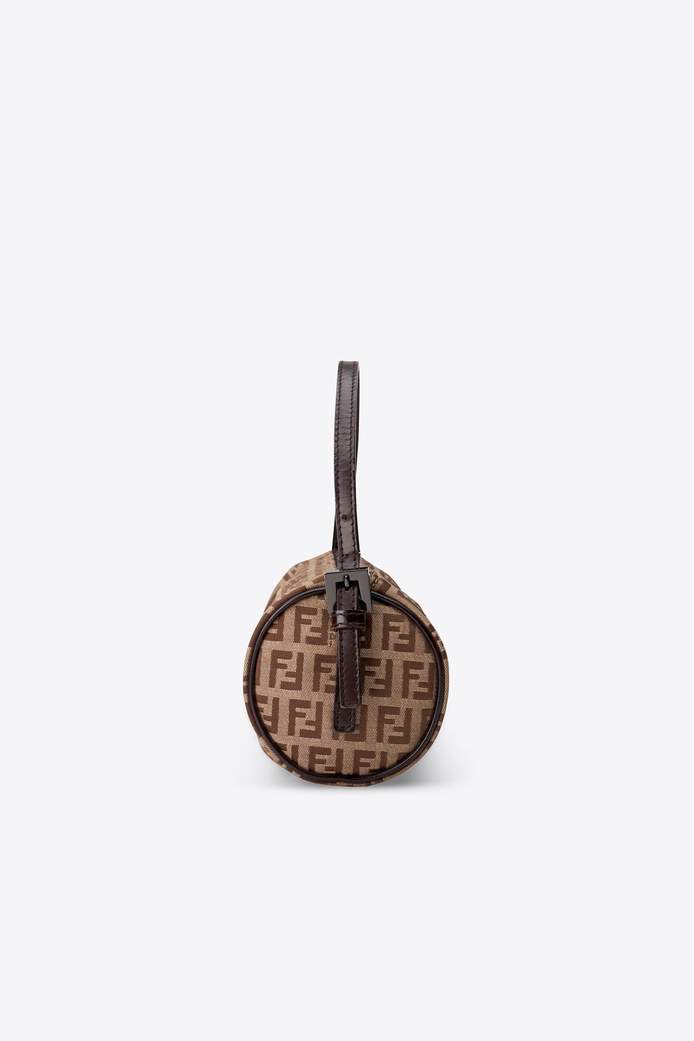 Vintage Fendi Zucchino Mini Barrel Pochette Bag Brown Canvas With Black Leather Strap