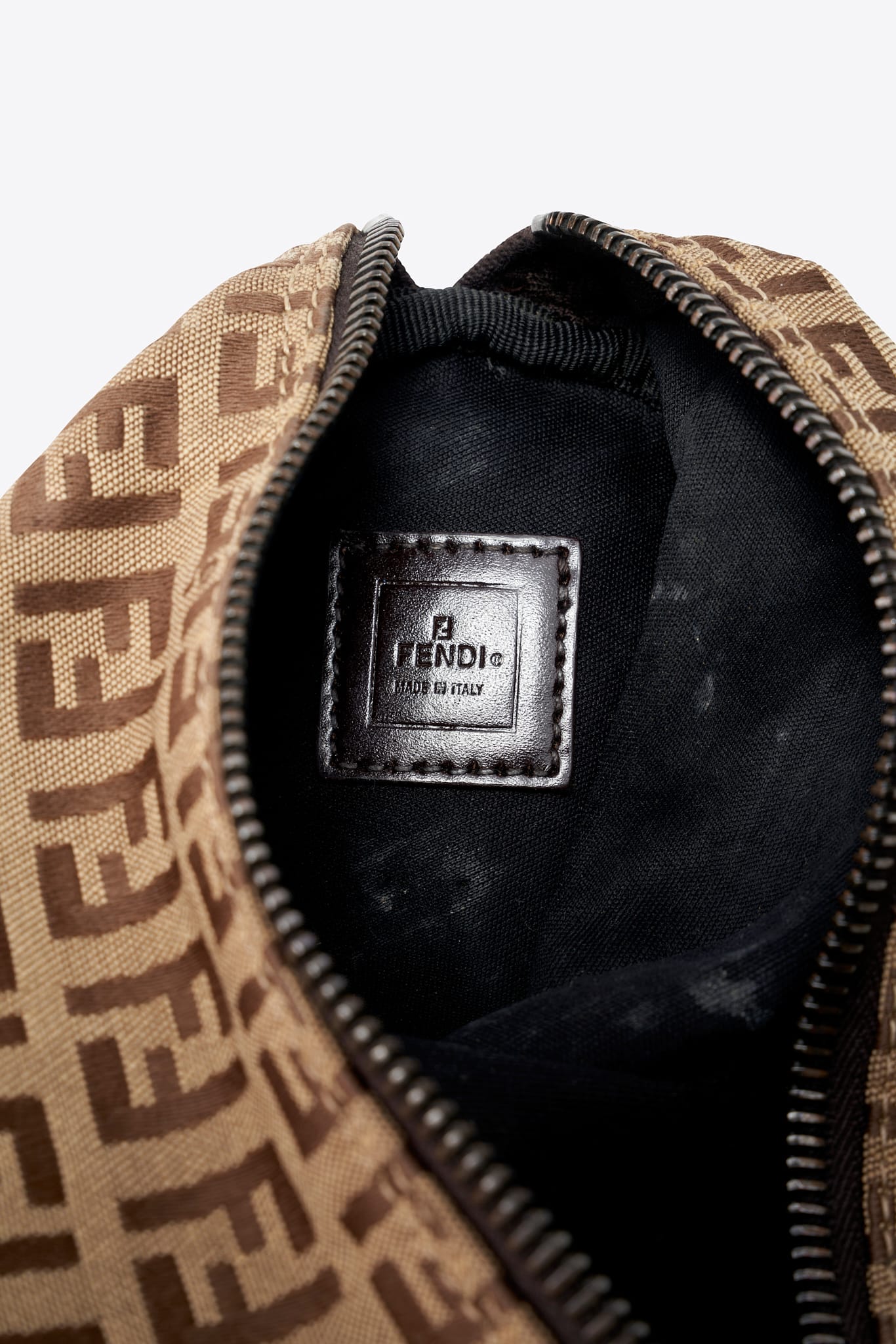 Vintage Fendi Zucchino Mini Barrel Pochette Bag Brown Canvas With Black Leather Strap