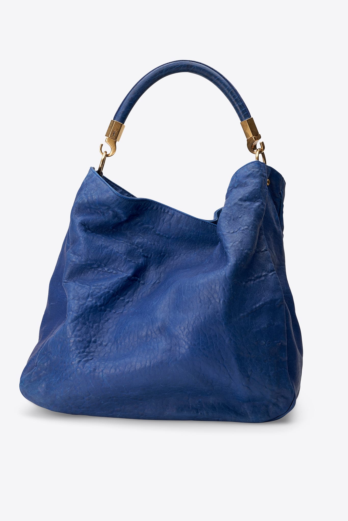 Vintage Yves Saint Laurent Roady Hobo Bag Blue Leather With Gold Tone Hardware