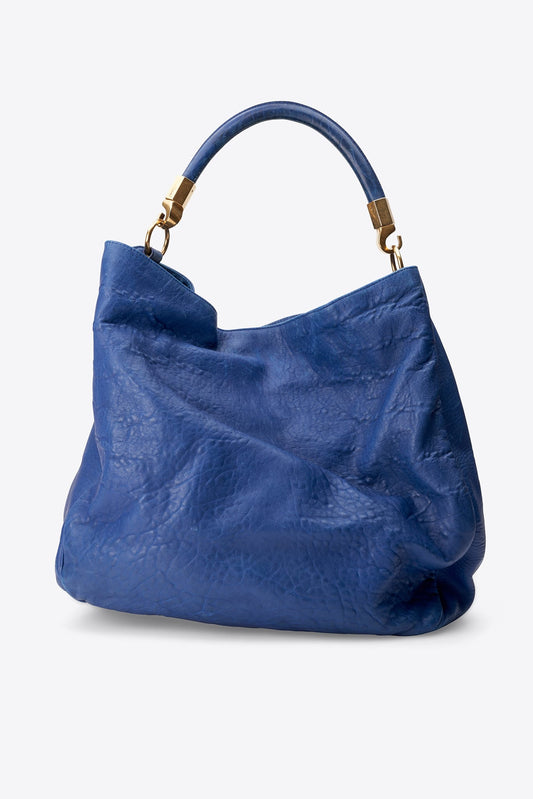 Vintage Yves Saint Laurent Roady Hobo Bag Blue Leather With Gold Tone Hardware