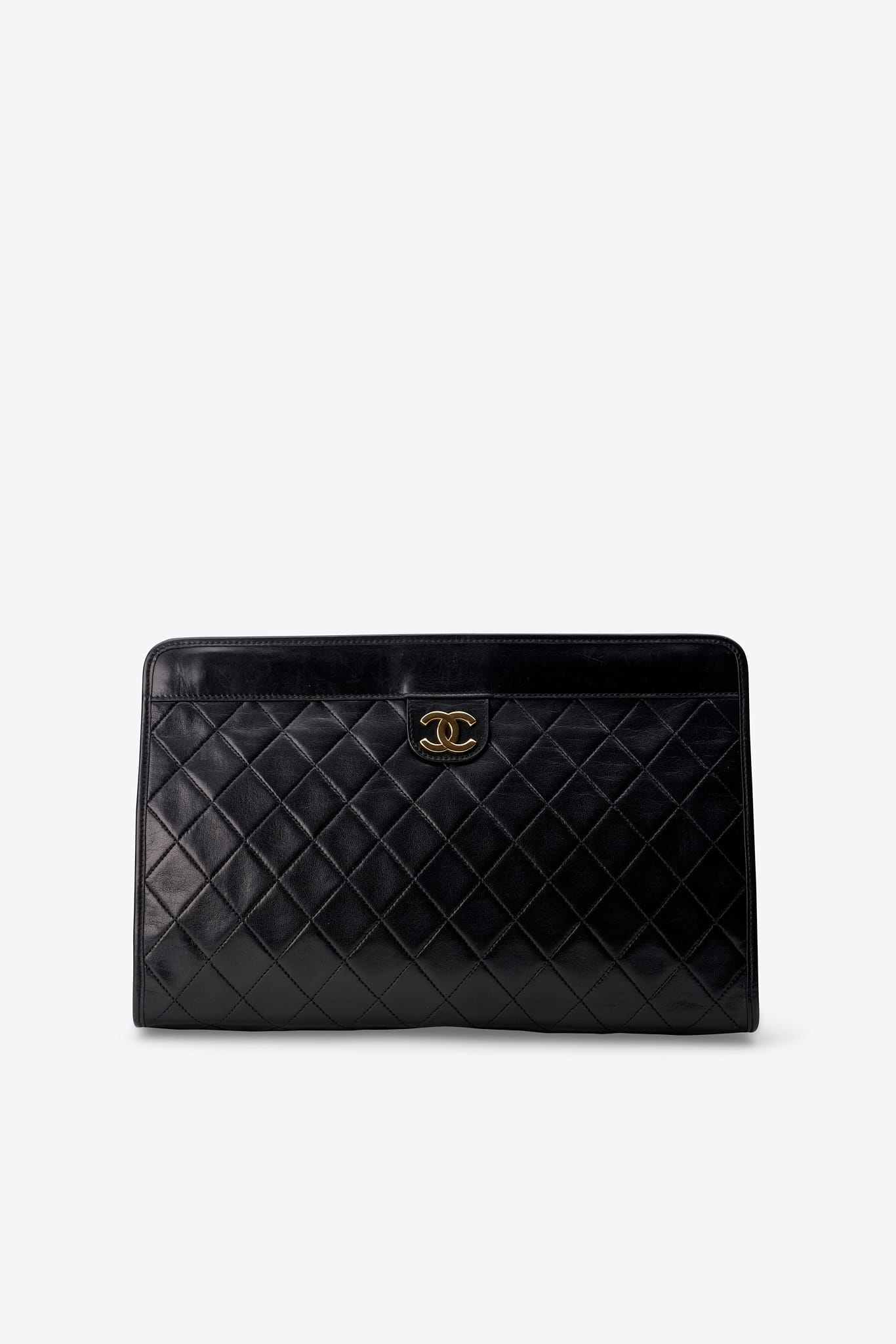 Vintage Chanel Black Leather Clutch Bag With Gold Tone Hardware