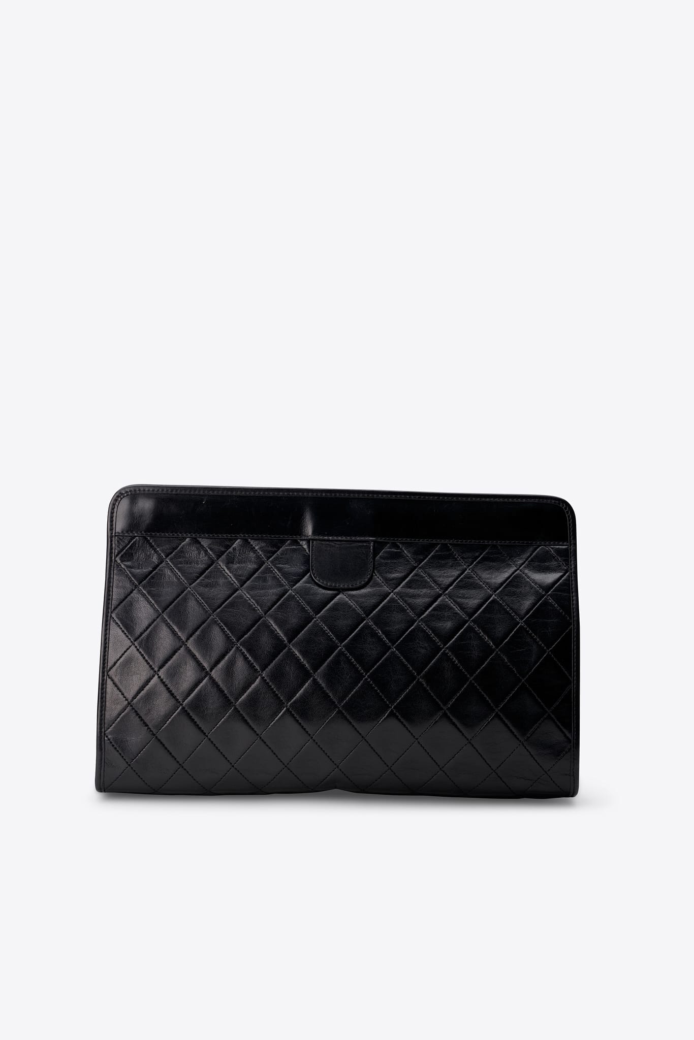 Vintage Chanel Black Leather Clutch Bag With Gold Tone Hardware