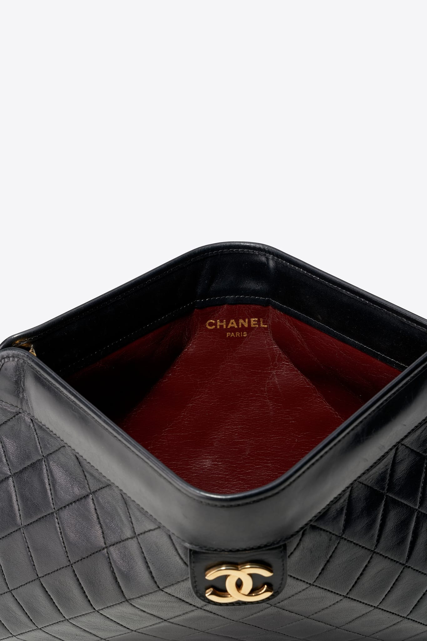 Vintage Chanel Black Leather Clutch Bag With Gold Tone Hardware